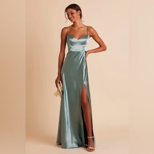 Birdy Grey Satin Sage Green Spaghetti Strap Slit Gown